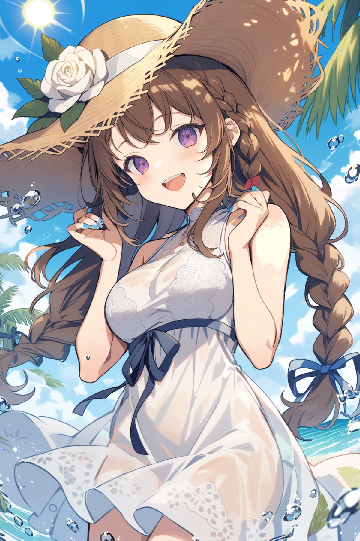 <lora:yume:1>,1girl, solo, hat, dress, outdoors, smile, open mouth, sky, day, purple eyes, flower, blue sky, nail polish, ...